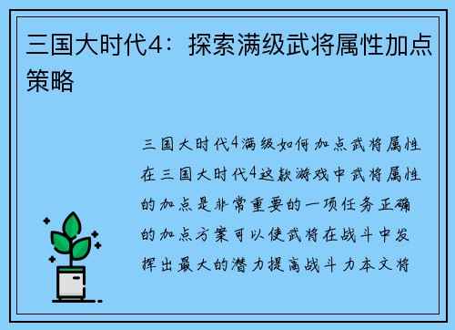 三国大时代4：探索满级武将属性加点策略